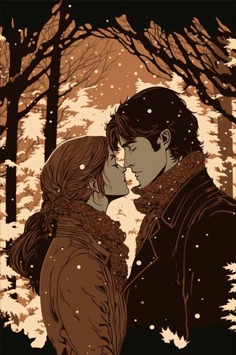 Illustration of Man and woman kiss in love in winter forest, brown color, studio ghibli style, cinematic light, love, kiss, hug --ar 2:3 --v 4 --q 2