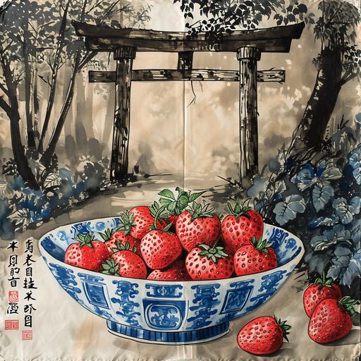 Illustration of a a bowl of strawberries just outside of a tori gate in Chinese calligraphy style, ink on silk, traditional --v 6.0