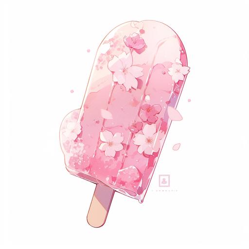 Illustration of a beautiful pink sakura popsicle. On a white background where the background will be removed to repurpose as a clipart, rich details, refined illustrations --niji 5 --style original