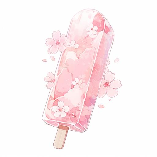 Illustration of a beautiful pink sakura popsicle. On a white background where the background will be removed to repurpose as a clipart, rich details, refined illustrations --niji 5 --style original