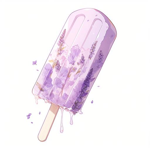 Illustration of a beautiful purple lavender popsicle. On a white background where the background will be removed to repurpose as a clipart, rich details, refined illustrations --niji 5 --style original