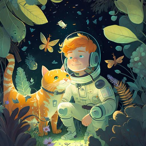 Illustration of a ginger-haired boy astronaut and his ginger cat exploring the planet together and encountering its amazing creatures and unique flora. Feature glow-in-the-dark butterflies and star-shaped flowers to highlight the beauty and uniqueness of this environment, while keeping the style child-friendly.