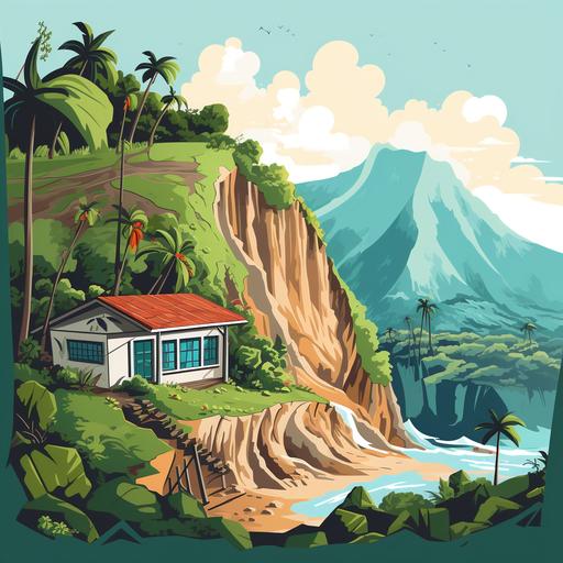 Illustration of a little house in Guadeloupe, unstable terrain, at the foot of a hill, down the hill, small rocks begin to fall, landslide beginning, jungle, vector drawing