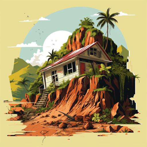 Illustration of a little house in Guadeloupe, unstable terrain, at the foot of a hill, down the hill, small rocks begin to fall, landslide beginning, jungle, vector drawing