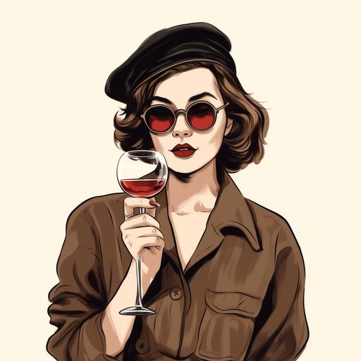 Illustration of a modern Pretty young woman wearing a black French beret, beige blouse, sunglasses, short wavy brown hair, red lipstick. Have a cigarette in her mouth and holding a glass of red wine. Cartoon illustration. Show upper body only. Solid white background with no illustrations in the background. The woman is fully in the design and not cut off --v 5 --s 750 --q 2