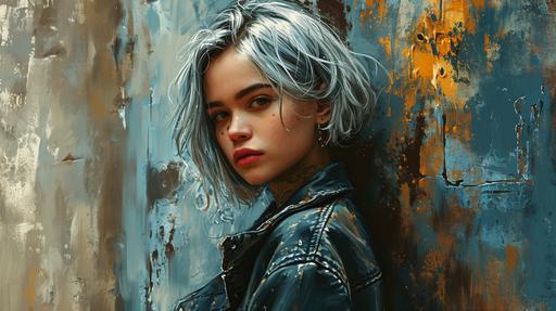 Illustration of a young woman with silver hair in a Bomber jacket leaning against painted welded metal wall in the theme of Deiselpunk, Using a brushed artstyle, --ar 16:9 --s 250 --v 6.0