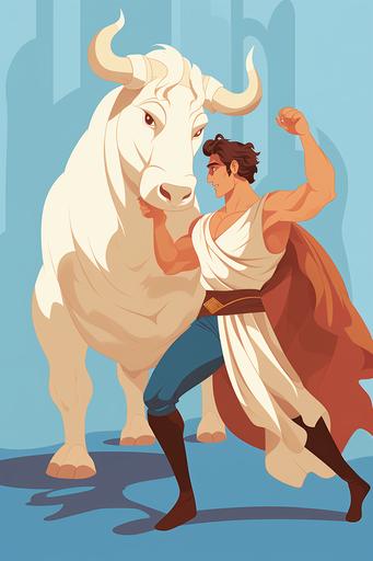Illustration of ancient greek man fighting a man with a head of a bull, cartoon, flat disney style, --ar 2:3