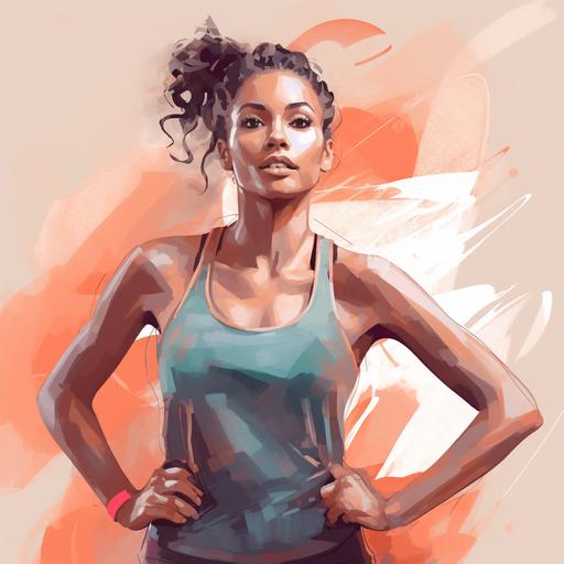 Illustration of confident and active woman engaged in fitness activity, soft pastel and energizing hues