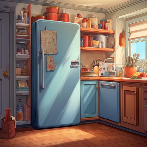 Illustration of fridge in room, cartoon style