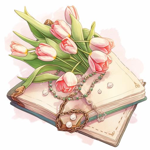 Illustration of tulips with pearl necklace laying around on a beautiful vintage journal. On a white background where the background will be removed to repurpose as a clipart, rich details, refined illustration --niji 5 --style original