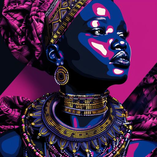 Illustration portrait of a beautiful Maasai queen clad in traditional attire and beaded neck piece, in the style of hyper-realistic pop-art fusion, dark pink and silver, close-up intensity, subtle realism, bold, haute couture style, harlem renaissance use this image