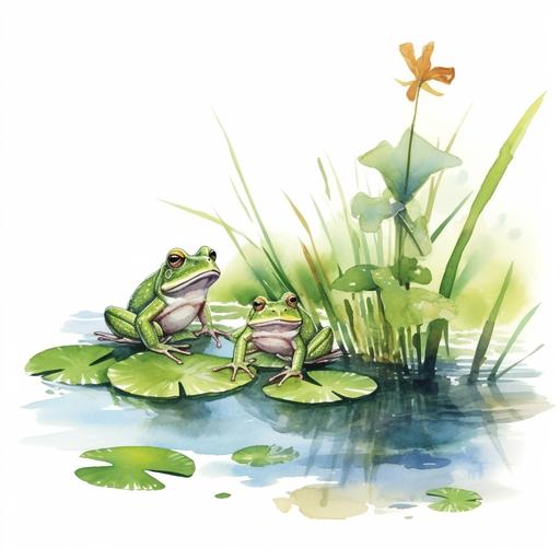 Illustration, some frogs sits on a lake. lily leaf. watches the mosquitoes. watercolor cartoon style