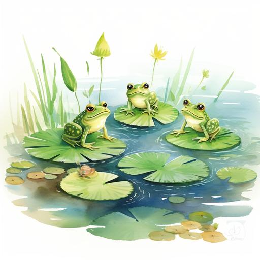 Illustration, some frogs sits on a lake. lily leaf. watches the mosquitoes. watercolor cartoon style