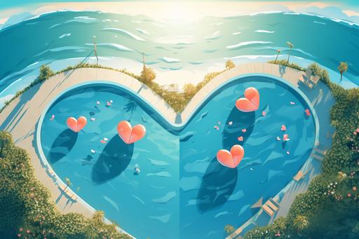 Illustration style technique,  This is the image of a heart-shaped pool. You can see sun umbrellas, water beds, a beach ball, all from an overhead view..background, blue, light greens, white colors 8k. --aspect 3:2