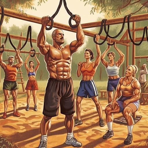 Ilustration, strength training group classes, exercise in nature, Double Parallel, calisthenics rings, gymnastic bars, there are men and women of all ages, tudor style --v 5 --q 2 --no kids --s 1000