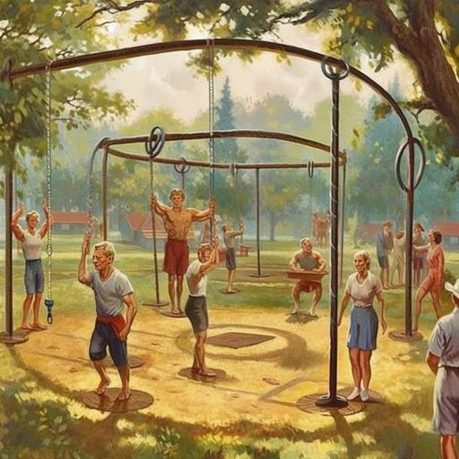 Ilustration, strength training group classes, exercise in nature, Double Parallel, calisthenics rings, gymnastic bars, there are men and women of all ages, tudor style --v 5 --q 2 --no kids --s 1000