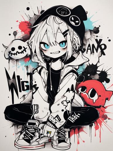 I'm in a bad mood, splattered ink, thick black lines, graffiti girl --style cute --ar 3:4 --q 2 --s 50 --niji 5