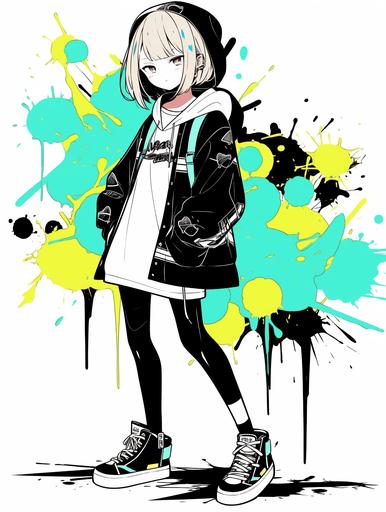 I'm in a bad mood, splattered ink, thick black lines, graffiti girl --style cute --ar 3:4 --q 2 --s 50 --niji 5