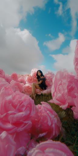 I'm wearing a fluffy pink mini dress with feathers, sitting in a giant pink flower like a fairy, whole body, a large meadow with giant flowers from the planet Pandora, charming girl, real footage, 8k, hyperrealism --v 6.0 --ar 1:2