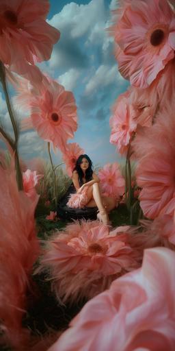 I'm wearing a fluffy pink mini dress with feathers, sitting in a giant pink flower like a fairy, whole body, a large meadow with giant flowers from the planet Pandora, charming girl, real footage, 8k, hyperrealism --v 6.0 --ar 1:2