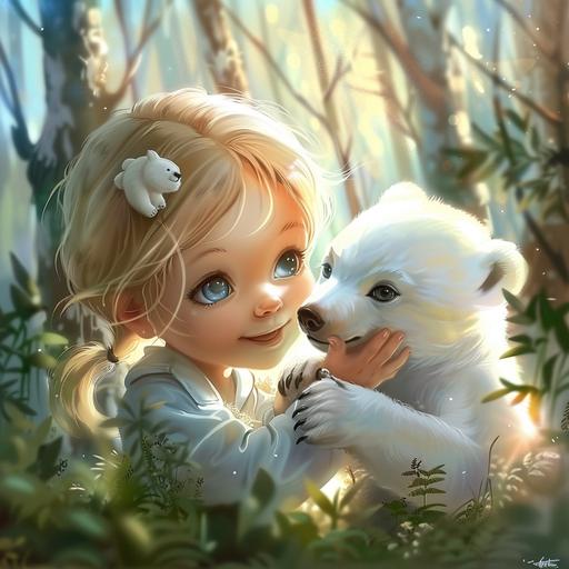 Image of a little girl, blonde, blue eyes, cartoon style, on the background of a forest, meeting a polar bear cub in the forest, cozy, quality --style raw
