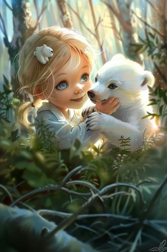 Image of a little girl, blonde, blue eyes, cartoon style, on the background of a forest, meeting a polar bear cub in the forest, cozy, quality --style raw --ar 2:3