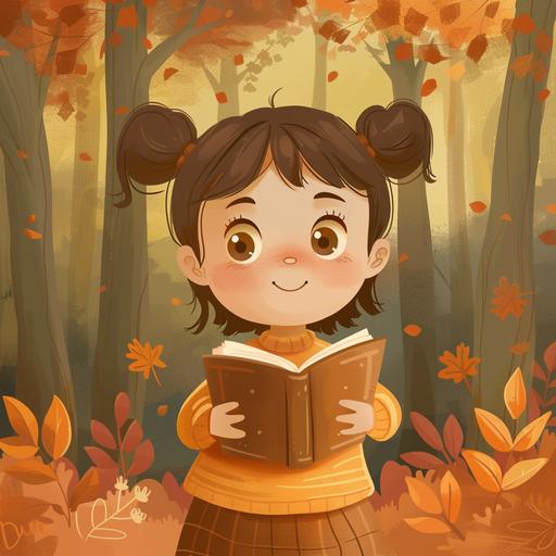Image of a little girl with a book in her hands, cartoon style, , on the background of the forest, cozy --style raw