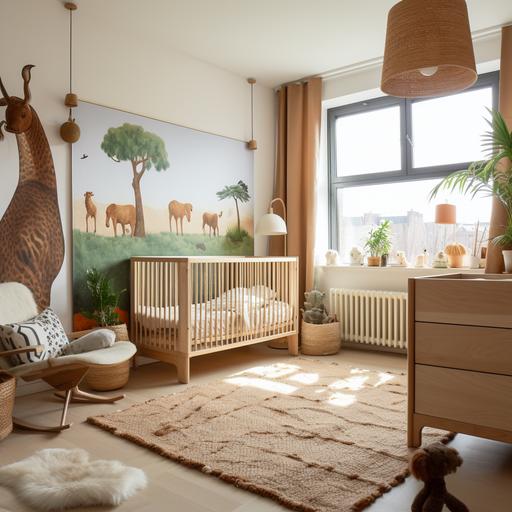 Image of a modern children's room with elements of nature, featuring a wooden crib, natural fiber rug, wooden toys, safari-themed wallpaper, natural fabrics, and natural light coming in through the window.