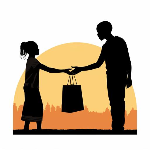 Image of an arm accepting a reusable canvas grocery tote bag. Clip art, silhouette