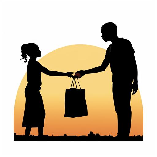 Image of an arm accepting a reusable canvas grocery tote bag. Clip art, silhouette