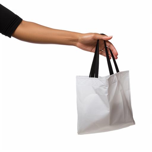 Image of an arm accepting a reusable canvas grocery tote bag. black Clip art, silhouette, white background