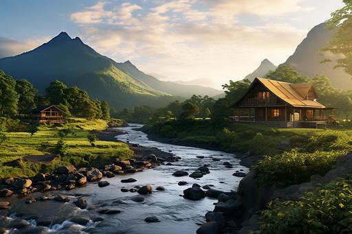 Image of an indian mountain with river on side like kudremukh . A vacation home top of the mountain. A modern basic vacation home oover looking the mountain and river. Sun set scene . Shot on imax camera. A family having a good time in the property. Highly detailed. 8k With brids flying in distant