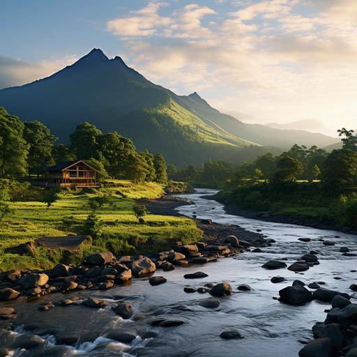 Image of an indian mountain with river on side like kudremukh . A vacation home top of the mountain. A modern basic vacation home oover looking the mountain and river. Sun set scene . Shot on imax camera. A family having a good time in the property. Highly detailed. 8k With brids flying in distant