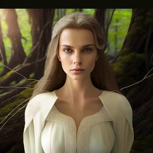 Image of girl with beautiful detailed face, symmetrical detailed dark brown eyes, long straight blond hair, pale skin, wearing Georgian national white dress, carrying bow and arrows, standing in front of the Druadan forest background, archer girl, goddess of archery. Detailed, textured, optic fiber, octane render, dynamic pose, cinematic lighting, perfect shading, unreal engine, hyper detailed