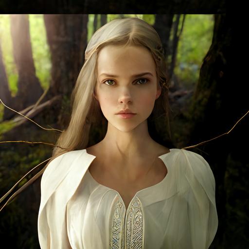 Image of girl with beautiful detailed face, symmetrical detailed dark brown eyes, long straight blond hair, pale skin, wearing Georgian national white dress, carrying bow and arrows, standing in front of the Druadan forest background, archer girl, goddess of archery. Detailed, textured, optic fiber, octane render, dynamic pose, cinematic lighting, perfect shading, unreal engine, hyper detailed