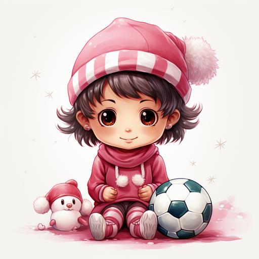 Image of soccer boy sitting on ground in pink Santa hat Playing a football on white background. kawaii, - Variations (strong) --s 250