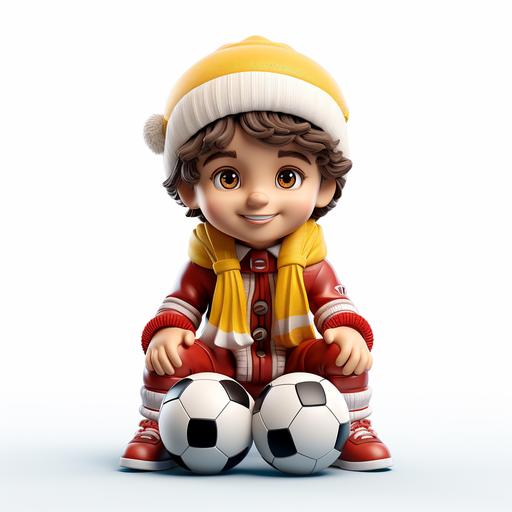 Image of soccer boy sitting on ground in red Santa hat, wearing yellow soccer jersey, playing a soccer ball, white background, 3D,three-dimensional. Lovely. --s 250