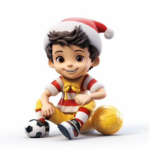 Image of soccer boy sitting on ground in red Santa hat, wearing yellow soccer jersey, playing a soccer ball, white background, 3D,three-dimensional. Lovely. --s 250