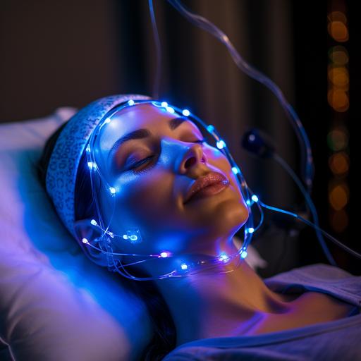 Imagen de una persona tumbada en una camilla de tratamiento con una mascarilla facial iluminadora aplicada, o durante un tratamiento de microdermoabrasión.