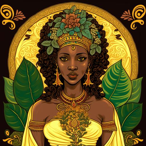 Imagina una ilustración colorida y detallada que represente a la diosa Oshun, una figura central en la religión Yoruba, dentro de un paisaje selvático. Oshun es la deidad del amor, la fertilidad y la dulzura, y su presencia es tan poderosa como misteriosa. Escena: El bosque está lleno de vida, con árboles altos y flores exóticas que se mecen suavemente con la brisa. Un río cristalino fluye en el centro, reflejando los rayos dorados del sol que se filtran a través del dosel. Personaje: En el centro de la imagen, Oshun emerge grácilmente del río, con una apariencia radiante y una sonrisa tranquilizadora. Luce un vestido amarillo brillante que acentúa su belleza y resplandece con los tonos dorados del entorno. Sus brazos están abiertos en un gesto acogedor, invitando a todos los seres a unirse a ella en este encuentro místico. Elementos: A los pies de Oshun, una variedad de animales, como pavos reales, tortugas y coloridas mariposas, se reúnen para rendir homenaje a la diosa y recibir sus bendiciones. También hay figuras humanas que representan la diversidad étnica y cultural, unidos en devoción y respeto hacia Oshun. Todos estos elementos deben transmitir una sensación de armonía, amor y conexión con la naturaleza. Objetivo: El objetivo de este prompt es inspirar una imagen que capture la esencia de Oshun y su poder en la religión Yoruba, reflejando su influencia en la vida, el amor y la naturaleza en un encuentro místico en medio de la selva.