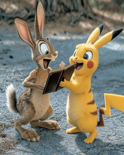 Imaginative animated Playful animated Bugs Bunny Pikachu teaming up for cartoonish antics photonegative refractograph --s 750 --v 6.0 --ar 8:10 --c 4 --w 4 --style raw