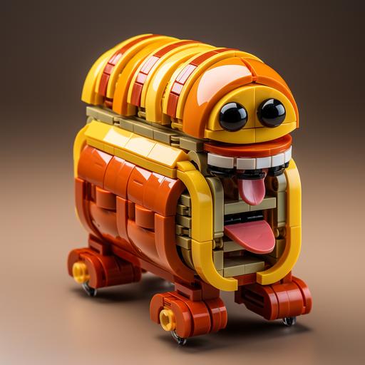 Imagine a Lego-inspired 3D character resembling an oval rectangular hot dog, capturing the playful essence of a Lego toy. The character would have a rectangular shape, representing the bun of the hot dog, with grilled marks simulated through details. The color of the bun could be a golden brown shade. For the eyes, you could use large round or oval Lego pieces, resembling meatballs, in vibrant colors like red or yellow for added fun. Instead of gnome ears, small sausage pieces could be used as the character's ears or even sausage-shaped Lego pieces. The eyebrows could be represented by small onion or lettuce pieces in an arched shape. As for the steampunk-inspired flight helmet, it could be adapted to look like a round bun, similar to those used for sliders, with gear and metallic details that evoke the steampunk style. Remember, these are just suggestions, and the final design will depend on your creativity and the work of a skilled 3D artist or designer to bring this hot dog-inspired Lego character to life. --s 750