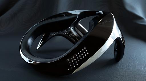 Imagine a VR headset created by a renowned speaker designer, conceptualized for Meta. This piece is a symphony of materials: the dominant black of the headset's body is a deep, resonant matte, suggesting the profound silence from which perfect sound can emerge. White accents highlight its curves with a visual purity, and the metal elements add a touch of industrial chic, reminiscent of the fine detailing on high-end audio equipment. The headset is structured to merge the sensory experiences of sight and sound, with the tactile richness of the materials inviting touch. It’s easy to envision the metal parts not just as design elements but as functional components, perhaps serving to enhance acoustics or user interaction. Each component, from the textured black surfaces to the glossy touchpoints and the ergonomic white padding, would be designed to reflect a harmony between the auditory and visual realms, crafting an experience that Meta would be proud to offer. --ar 16:9 --s 50 --v 6.0