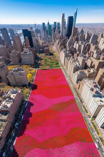 Imagine a breathtaking aerial view of New York City, captured from a helicopter using a Sony Alpha A1 camera with a G Master lens. As you gaze out over the sprawling cityscape, your eyes are drawn to a stunning display of tulips in bloom. These colorful flowers carpet the landscape in shades of pink, red, and yellow, providing a striking contrast to the concrete jungle of skyscrapers that surrounds them. In the distance, you can see the iconic Empire State Building rising majestically towards the sky, its towering form a testament to the city's enduring spirit of innovation and progress. The Chrysler Building, with its distinctive Art Deco style, is another standout feature of the skyline, its gleaming spire reaching towards the heavens. As you take in this stunning panorama, you feel a sense of wonder and awe at the sheer scale and grandeur of New York City. From the vibrant colors of the tulips to the towering skyscrapers that dominate the horizon, this is a scene that captures the essence of the city and all that makes it so beautiful and unique. --ar 2:3 --v 5