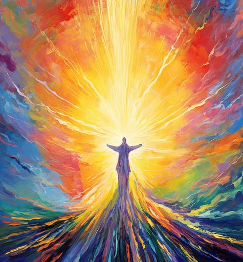 Imagine a breathtaking scene where the divine and human connection is depicted in vivid strokes. Picture a figure standing on a path, representing a person in their earthly journey. The path should be uneven, symbolic of life's challenges and obstacles. Above, a radiant, heavenly figure, representing God, reaches out, encircling the person protectively. Illustrate a burst of vibrant light around the figure, symbolizing divine glory. The person should wear an expression of awe and joy, capturing the sense of being presented as flawless. This artwork should convey a profound message of trust and divine guidance amidst life's trials, culminating in a vision of boundless joy and perfection. Parchment paper color style image --ar 1290:1398 --v 5.1
