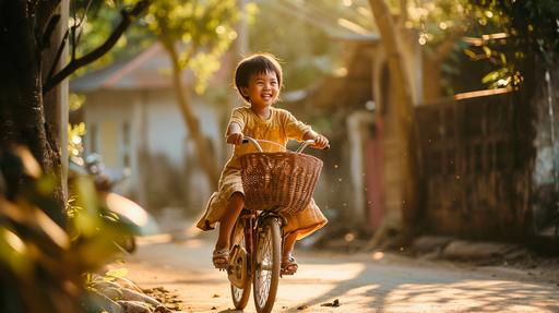 Imagine a bright, sunny day in a quaint, picturesque town. In the heart of this serene setting, a young child, no more than eight years old, rides a unique bicycle made entirely of woven rattan. This isn't just any bike; it's a masterpiece of craftsmanship, blending tradition with a child's imagination. The bike's natural, earthy tones contrast beautifully with the vibrant splash of color from the child's attire - a striking yellow jersey, as radiant as the sun above. The jersey billows slightly in the gentle breeze, a symbol of freedom and joy. The child's laughter echoes through the streets, a melody of pure happiness. As they pedal along, their small hands gripping the handlebars, there's a sense of adventure in their eyes. This moment captures the essence of childhood - carefree, imaginative, and bright. Describe the scene, focusing on the details of the rattan bike, the child's expression, and the atmosphere of the day. --style raw --ar 16:9 --v 6.0