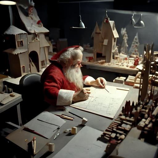Imagine a bustling architecture studio, filled with all sorts of architectural models, drawings, and material samples. In the center of the room stands Santa Claus, dressed in his traditional red and white suit, but with a set of blueprints and a drafting pencil in hand. He's surrounded by a team of elves, all working hard on their own projects. The studio is decorated with all sorts of Christmas cheer, including tinsel, lights, and a tree adorned with architectural ornaments.