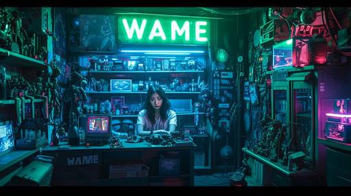 Imagine a cyberpunk-themed shop tucked away in the shadowy corners of a neon-drenched city, its dark and atmospheric interior punctuated by ambient neon lights. Behind the reception, a woman in her 30s, named Ms. Paige, exudes a mystical presence, leaning forward with a gaze that cuts through the dim setting. The air buzzes with the silent hum of futuristic gadgets and cybernetic enhancements. Above her, a neon-green sign reads 
