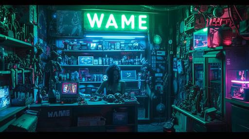 Imagine a cyberpunk-themed shop tucked away in the shadowy corners of a neon-drenched city, its dark and atmospheric interior punctuated by ambient neon lights. Behind the reception, a woman in her 30s, named Ms. Paige, exudes a mystical presence, leaning forward with a gaze that cuts through the dim setting. The air buzzes with the silent hum of futuristic gadgets and cybernetic enhancements. Above her, a neon-green sign reads 