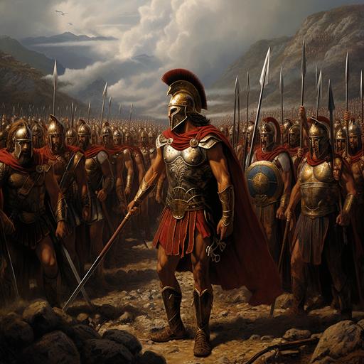 Imagine a dramatic and vivid scene depicting the legendary 300 Spartans during the Battle of Thermopylae. In the foreground, Spartan warriors, epitomes of bravery and discipline, stand resolute against an overwhelming Persian force. They are led by King Leonidas, a figure of stoic determination and fierce leadership. He is in the center, wearing a traditional Spartan helmet with a crimson plume, his muscular physique evident even under his bronze armor. His expression is one of unyielding resolve. The Spartans, a mix of seasoned veterans and younger warriors, are arrayed in a phalanx formation, their shields interlocked, creating a wall of bronze and leather. Each Spartan is equipped with a spear and a short sword, their armor gleaming under the harsh sun. The background is a chaotic blend of clashing armies, with the narrow pass of Thermopylae funneling the conflict into a tight, intense struggle. The scene is imbued with a sense of epic heroism and tragic fate, as the Spartans, vastly outnumbered, fight with a discipline and courage that has become the stuff of legend. The rugged terrain of the pass, with its rocky outcrops and steep cliffs, adds to the dramatic intensity⬤